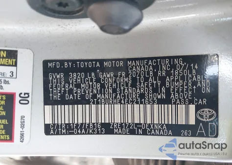 2014 Toyota Corolla Le из США, поврежденный, VIN 2T1BURHE4EC211653